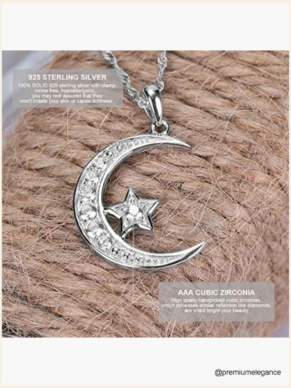 Sterling Silver Crescent Moon Star Necklace Cubic Zirconia 18